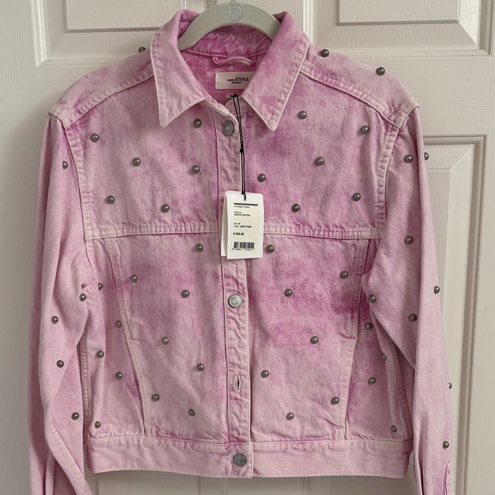 Isabel Marant Pink Jean Jacket with Silver Faux Pearls